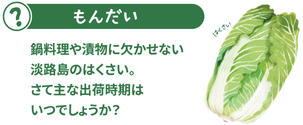 鍋料理や漬物に欠かせないあわじ島の白菜。さて主な出荷時期はいつでしょうか？
